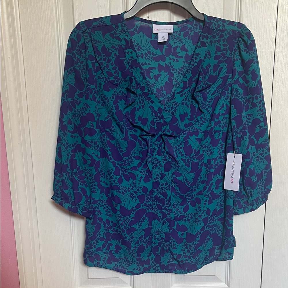 Liz Claiborne Teal and Navy Floral Blouse